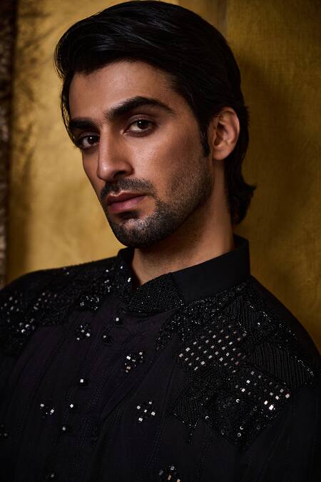 Shop_Histori_Black Cotton, Silk Embroidery, Beads, Sequins Dhagai Kurta And Salwar Set _Online_at_Aza_Fashions
