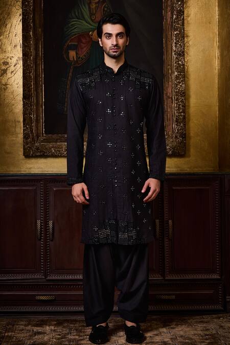 Histori_Black Cotton, Silk Embroidery, Beads, Sequins Dhagai Kurta And Salwar Set _at_Aza_Fashions