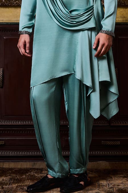 Buy_Histori_Green Satin Beads, Crystals, Embroidery Draped Kurta And Cowled Salwar Set _Online_at_Aza_Fashions