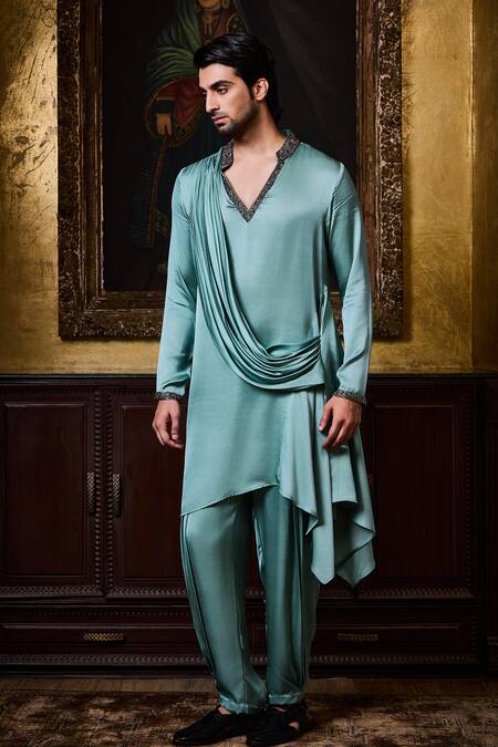 Histori_Green Satin Beads, Crystals, Embroidery Draped Kurta And Cowled Salwar Set _at_Aza_Fashions