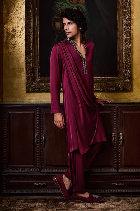 Histori_Burgundy Satin Beads, Crystals, Embroidery Draped Kurta And Cowled Salwar Set _at_Aza_Fashions