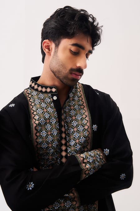 Shop_Wabi Sabi By Anshum-Ritesh_Black Chanderi Embroidery Midnight Mosaic Kurta And Pyjama Set 