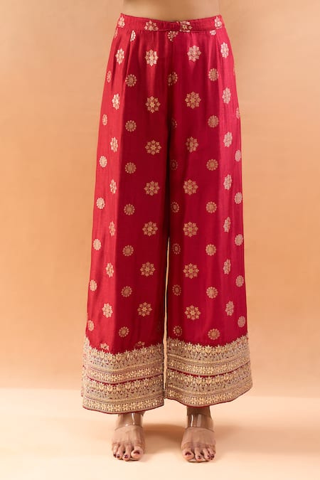 Gopi Vaid_Red Tussar, Organza Embroidery, Zari Split V-neck Kurta Palazzo Set _at_Aza_Fashions