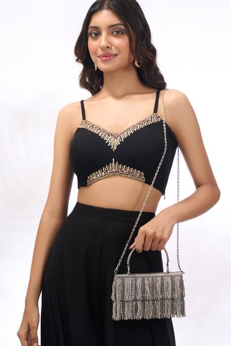 Buy_The Purple Sack_Silver Beads, Fringe Beaded Hand Embroidered Bag 