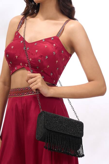 Shop_The Purple Sack_Black Beads, Fringe, Embroidery Beaded Hand Bag 