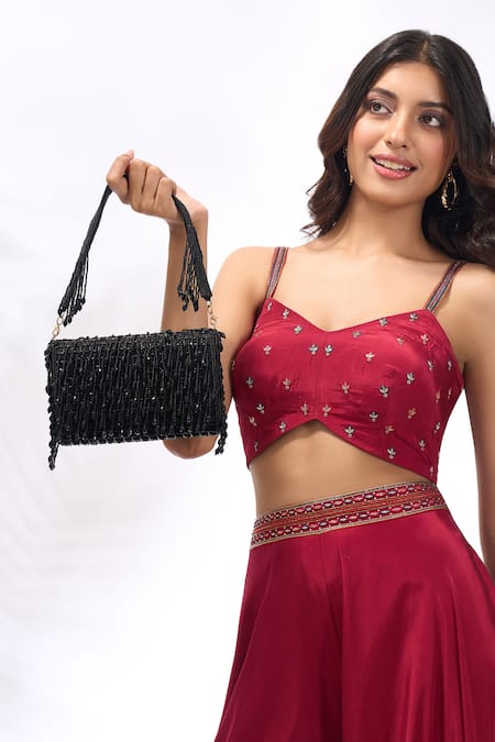 Buy_The Purple Sack_Black Beads, Tassels Beaded Drop Fringe Hand Embroidered Bag 