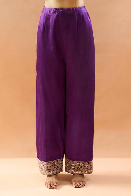 Shop_Gopi Vaid_Purple Tussar, Satin, Organza Embroidery, Zari Split V-neck Kurta Palazzo Set _Online_at_Aza_Fashions