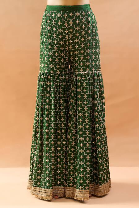 Gopi Vaid Green Tussar, Organza Embroidery, Zari Split Kurta And Sharara Set With Dupatta at Aza Fashions Gopi Vaid_Green Tussar, Organza Embroidery, Zari Split Kurta And Sharara Set With Dupatta _at_Aza_Fashions