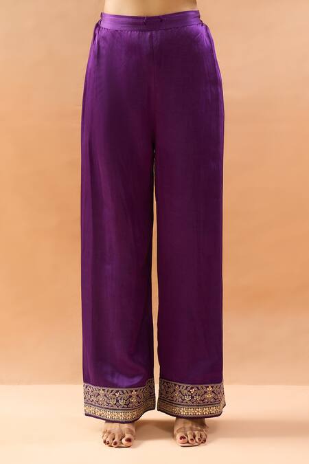 Gopi Vaid_Purple Tussar, Satin, Organza Zari, Embroidery, Gota Patti Split Kurta Set _at_Aza_Fashions