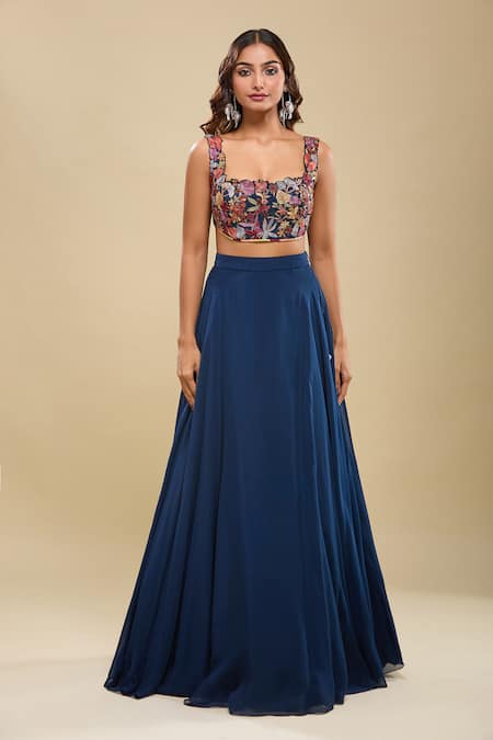Buy_Mishru_Blue Embroidery Sweetheart , Open Navy Pleated Cape Skirt Set _Online_at_Aza_Fashions