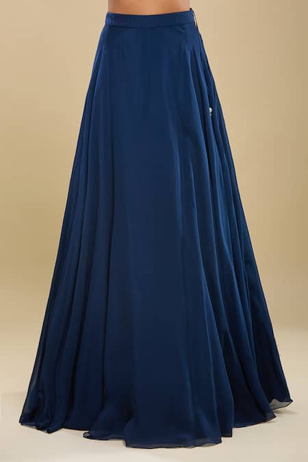 Mishru_Blue Embroidery Sweetheart , Open Navy Pleated Cape Skirt Set _at_Aza_Fashions
