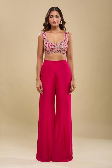 Shop_Mishru_Fuchsia Round Neck, Cape Bustier Pants Set _Online_at_Aza_Fashions