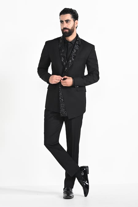 Kalpana Naik Black Asymmetrical Panel Embroidered Tuxedo Set 