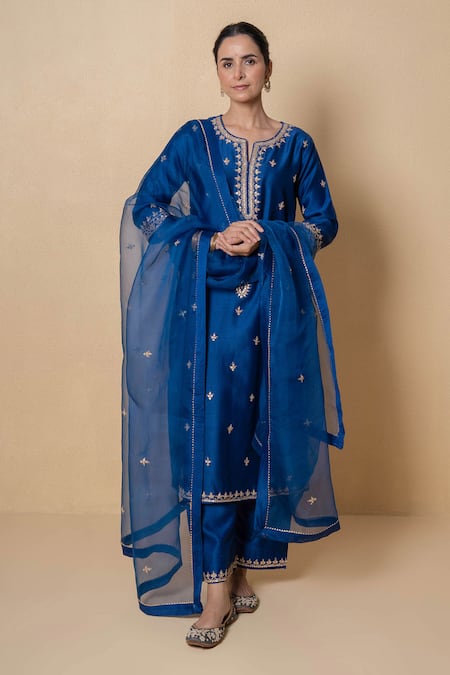 Kameez Yale Blue Marori Work Chanderi Kurta Set 