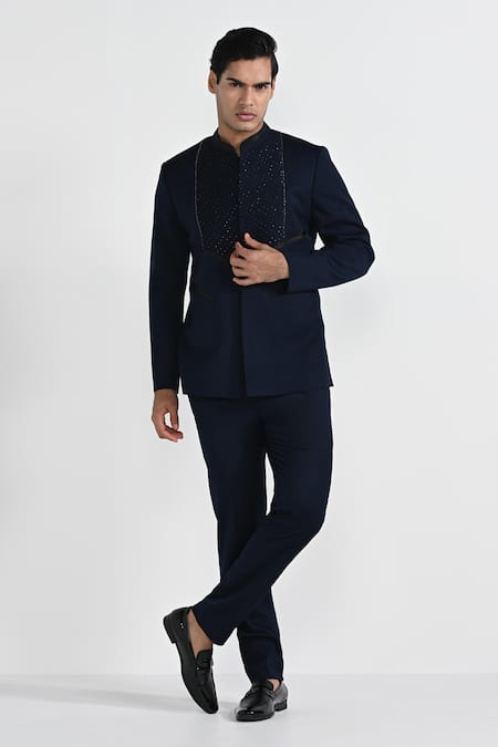 Kalpana Naik Onyx Blue Pintuck Detail Embroidered Bandhgala Set 