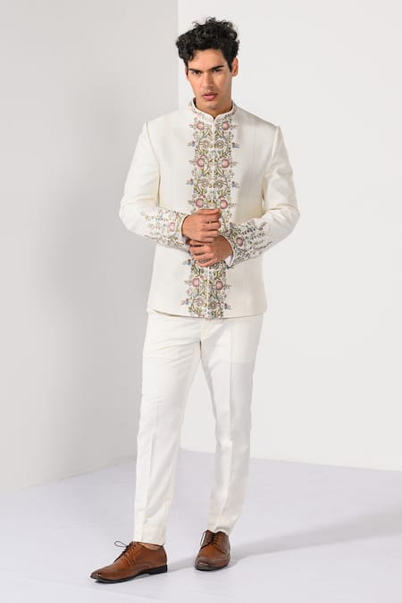 Kalpana Naik Ivory Blossom Floral Embroidered Bandhgala & Trouser Set 