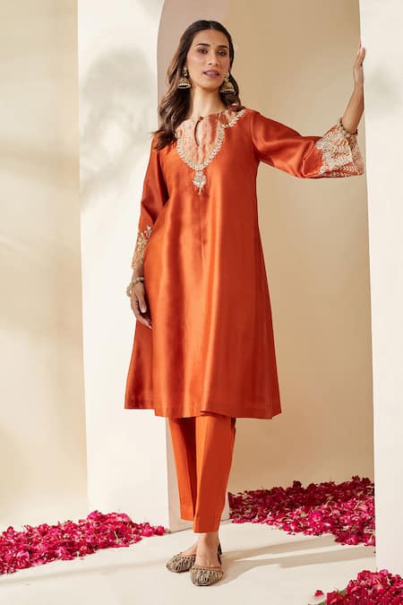 Mushio Orange Embroidered Chanderi Svara Kurta & Pant Set 