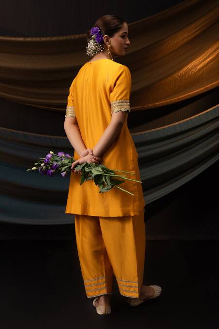 Shop_Svastih_Orange Silk, Silk, Zeenat 3d Floral Kurta With Farshi Salwar 