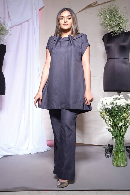 Echke_Charcoal Linen High Neck Top And Pant Set _Online_at_Aza_Fashions