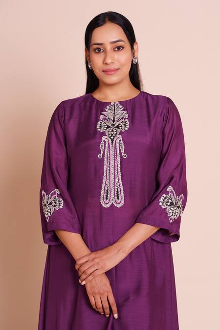 Brij_Purple Muslin, Silk Embroidery, Tassels Round Neck Iraaya Kurta Set _at_Aza_Fashions