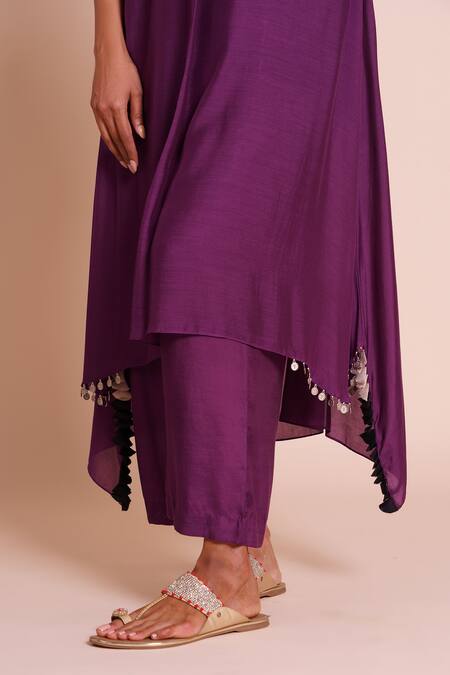Buy_Brij_Purple Muslin, Silk Embroidery, Tassels Round Neck Iraaya Kurta Set 