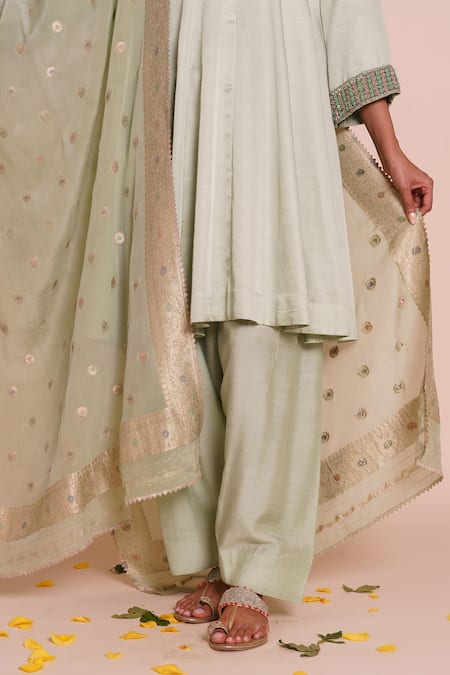 Brij_Green Linen, Satin, Chanderi, Brocade Embroidery, Applique, Neelima Kurta Set _at_Aza_Fashions