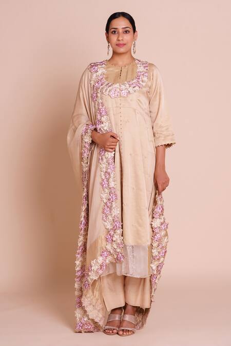 Brij_Beige Linen, Satin, Silk Embroidery, Fabric Flowers Round Neck Meher Kurta Set _Online_at_Aza_Fashions
