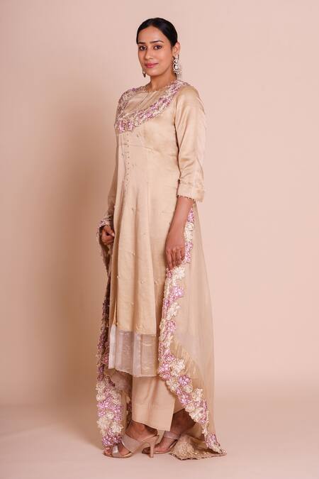 Buy_Brij_Beige Linen, Satin, Silk Embroidery, Fabric Flowers Round Neck Meher Kurta Set _Online_at_Aza_Fashions