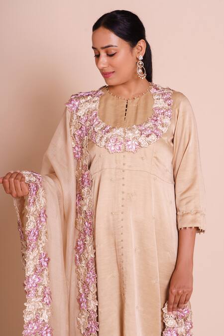 Shop_Brij_Beige Linen, Satin, Silk Embroidery, Fabric Flowers Round Neck Meher Kurta Set _Online_at_Aza_Fashions