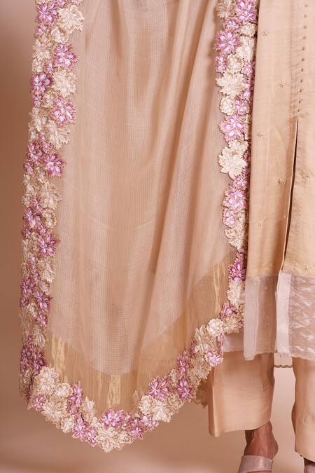 Brij_Beige Linen, Satin, Silk Embroidery, Fabric Flowers Round Neck Meher Kurta Set _at_Aza_Fashions