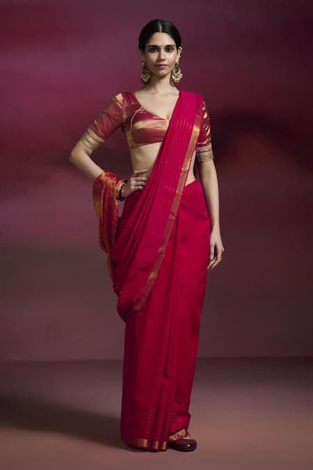 Dressfolk Parineeta Sequinned Bordered Saree with Running Blouse 