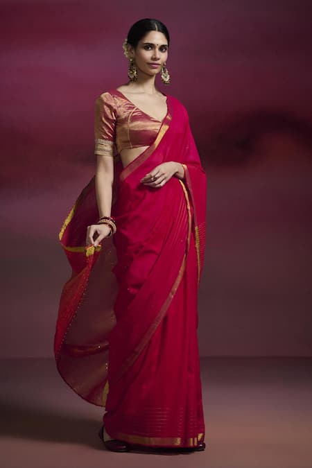 Dressfolk Parineeta Sequinned Bordered Saree with Running Blouse 