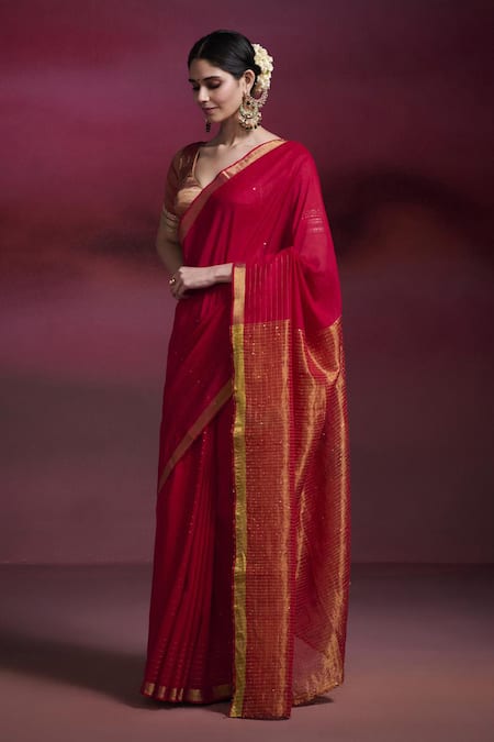 Dressfolk Pink Handloom Cotton Sequins, Parineeta Bordered Saree With Running Blouse Online at Aza Fashions Dressfolk_Pink Handloom Cotton Sequins, Parineeta Bordered Saree With Running Blouse _Online_at_Aza_Fashions