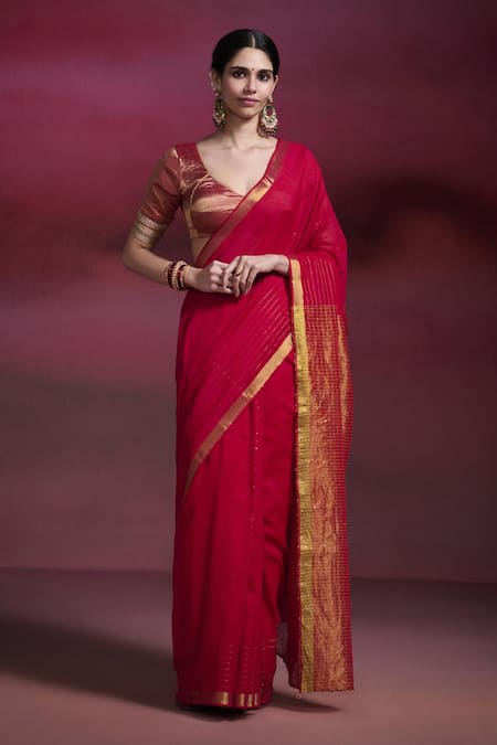 Shop Dressfolk Pink Handloom Cotton Sequins, Parineeta Bordered Saree With Running Blouse Online at Aza Fashions Shop_Dressfolk_Pink Handloom Cotton Sequins, Parineeta Bordered Saree With Running Blouse _Online_at_Aza_Fashions