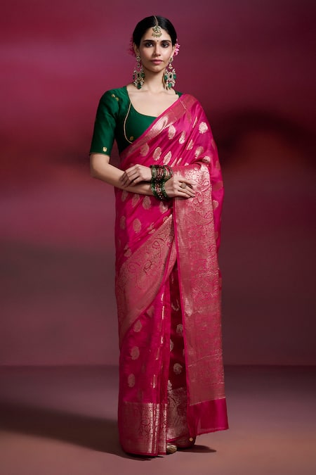 Dressfolk Pink Silk Zari Bulbul Banarasi Brocade Saree With Running Blouse