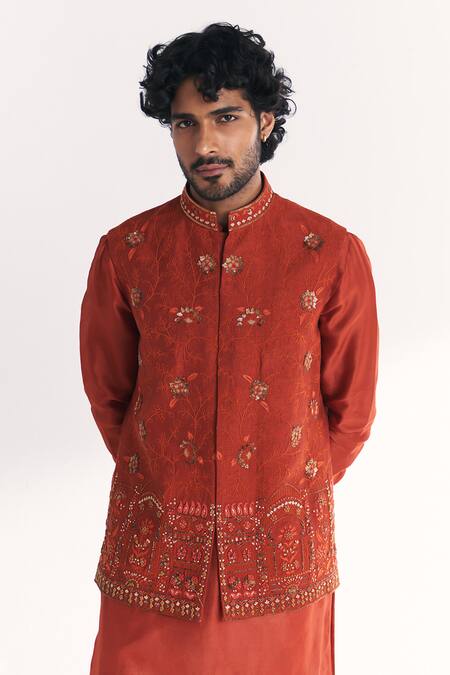 Studio Bagechaa_Orange Linen, Satin, Chanderi Embroidery, Sequins Shamsi Rust Nehru Jacket Set _at_Aza_Fashions