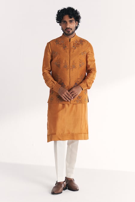 Studio Bagechaa Mahwar Mustard Embroidered Nehru Jacket Set 