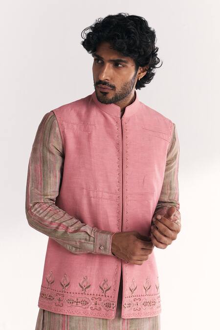 Buy_Studio Bagechaa_Pink Tissue, Organza, Chanderi Embroidery Dino Nehru Jacket Set _Online_at_Aza_Fashions