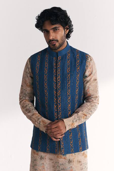 Shop_Studio Bagechaa_Blue Tissue, Organza, Chanderi Embroidery, Beads Musawir Nehru Jacket Set _Online_at_Aza_Fashions