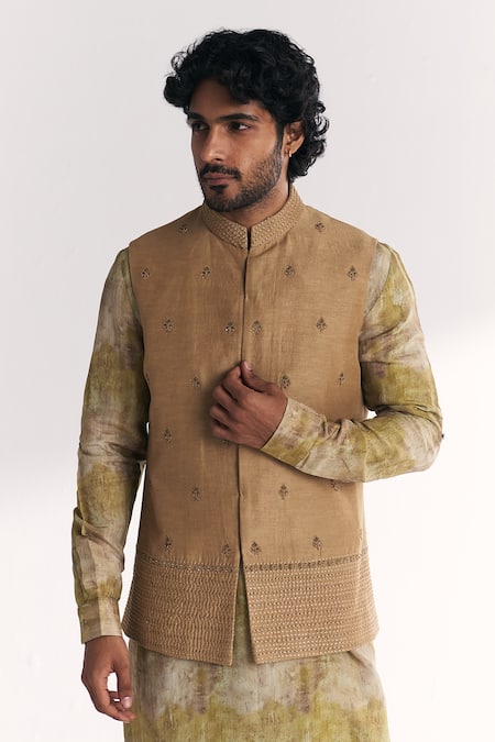 Studio Bagechaa_Brown Linen, Satin, Tissue, Organza, Chanderi Dilawar Green Nehru Jacket Set _at_Aza_Fashions