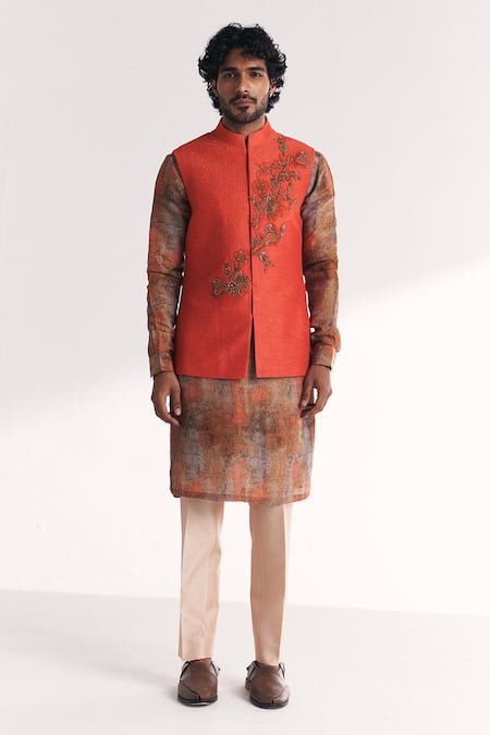 Studio Bagechaa Chandan Tangerine Embroidered Nehru Jacket Set 