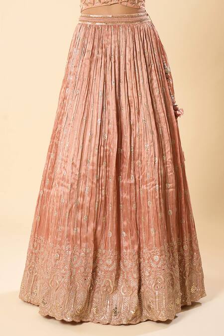 Samyukta Singhania_Beige Silk, Georgette Embroidery, Sequins, Zari V-neck Hand Lehenga Set _at_Aza_Fashions