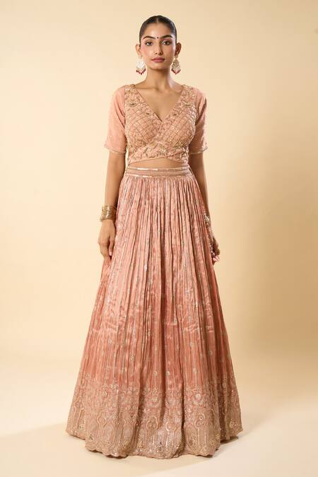 Buy_Samyukta Singhania_Beige Silk, Georgette Embroidery, Sequins, Zari V-neck Hand Lehenga Set 