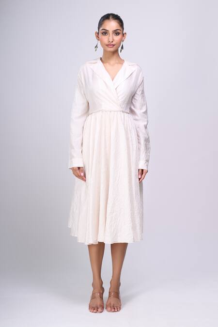 Divyam Mehta_Beige Collared, V-neck Midi Dress _Online_at_Aza_Fashions