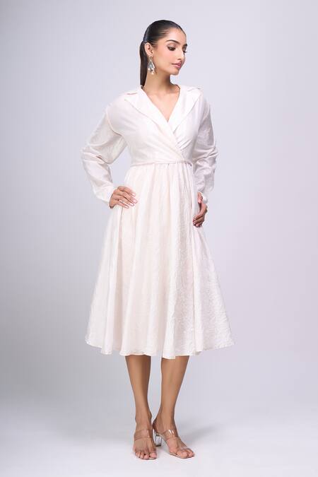 Buy_Divyam Mehta_Beige Collared, V-neck Midi Dress _Online_at_Aza_Fashions