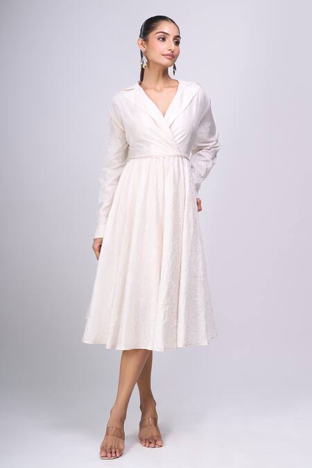 Shop_Divyam Mehta_Beige Collared, V-neck Midi Dress _Online_at_Aza_Fashions