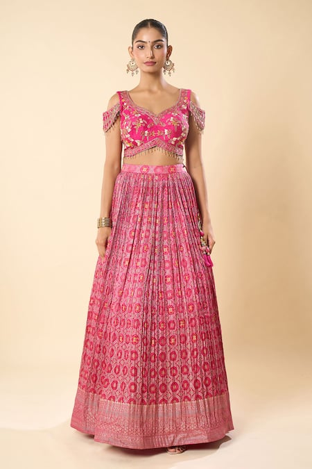 Buy_Samyukta Singhania_Pink Silk, Georgette Embroidery, Beads, Zari Sweetheart Neck Hand Lehenga Set _Online_at_Aza_Fashions