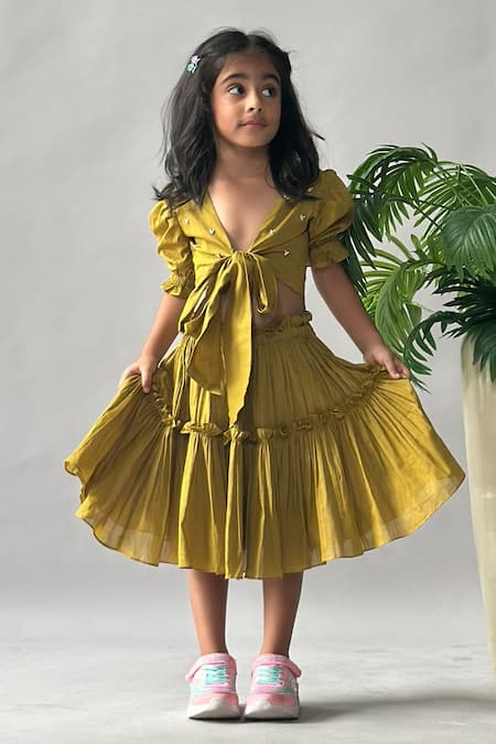 Merge Design Puff Sleeve Tie-Front Top & Tiered Skirt Set 