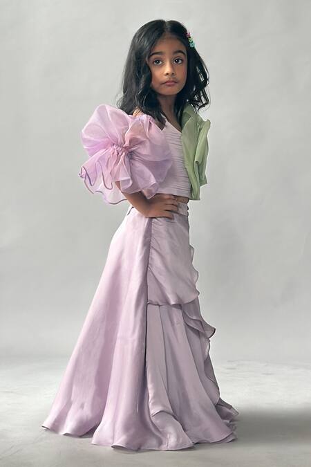 Merge Design_Purple Organza Fabric Flowers Rose Top And Petal Layered Lehenga Set _Online_at_Aza_Fashions