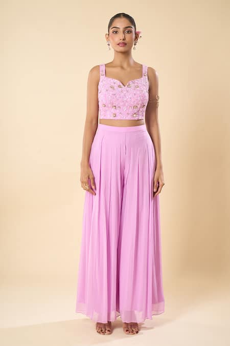 Buy_Samyukta Singhania_Pink Georgette Embroidery, Beads Sweetheart Neck Hand Blouse Palazzo Set _Online_at_Aza_Fashions